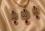 Majestic Cushion Faux Ruby & Crystal Halo Pendant Set