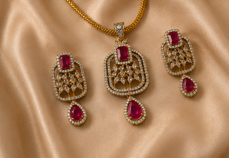 Majestic Cushion Faux Ruby & Crystal Halo Pendant Set