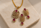 Majestic Cushion Faux Ruby & Crystal Halo Pendant Set