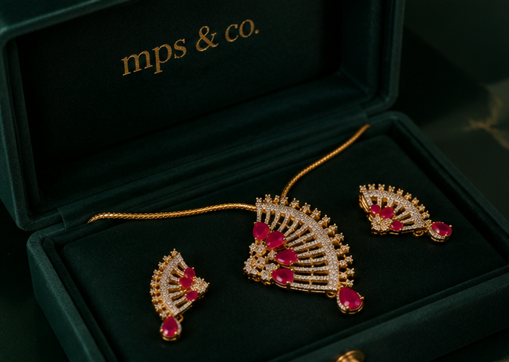 Celestial Art Deco Fan Ruby-Red Pendant Set
