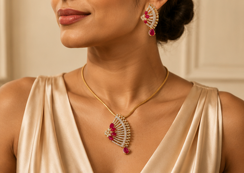 Celestial Art Deco Fan Ruby-Red Pendant Set