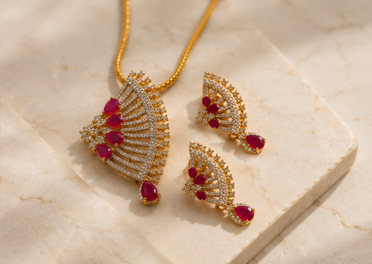 Celestial Art Deco Fan Ruby-Red Pendant Set