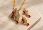 Celestial Art Deco Fan Ruby-Red Pendant Set