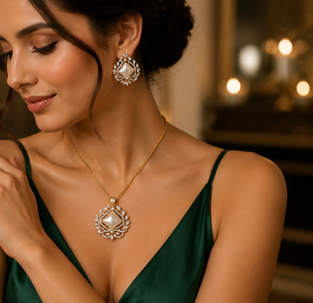 Empress Cushion-Cut Faux Pearl & Crystal Pendant Set