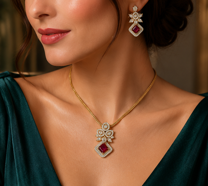 Floral Ruby Pendant Set
