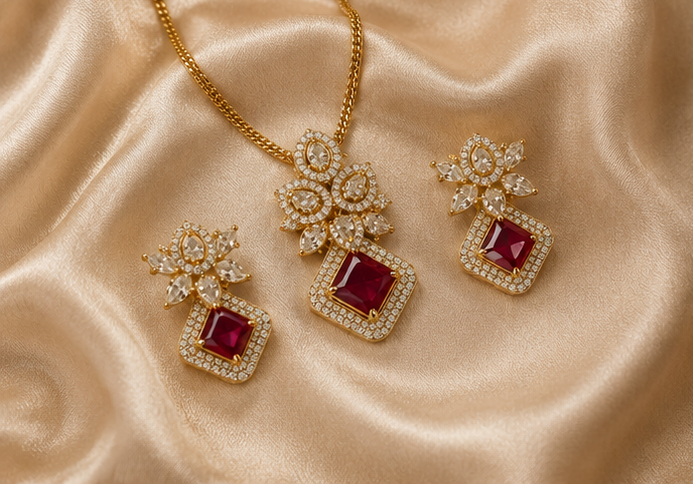 Floral Ruby Pendant Set