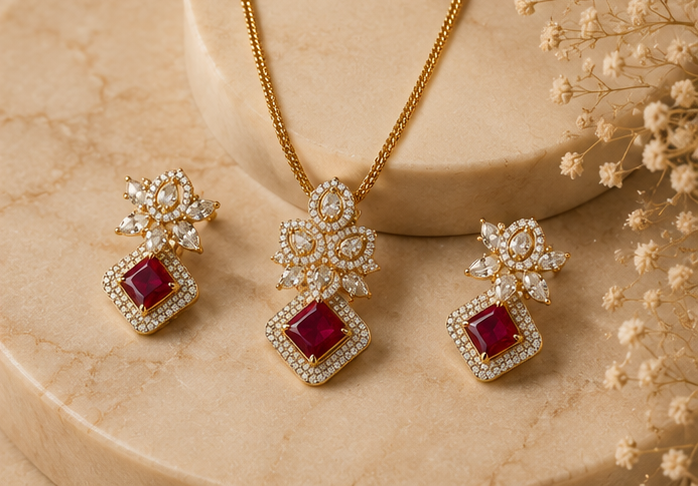Floral Ruby Pendant Set