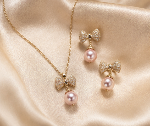 Coquette Crystal Bow and Pink Pearl Pendant Set | MPS & Co.