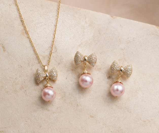 Coquette Crystal Bow and Pink Pearl Pendant Set | MPS & Co.