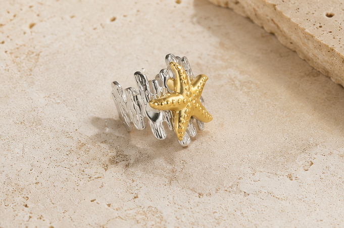 Two-Tone Textured Starfish Wide Band Ring | MPS & Co.