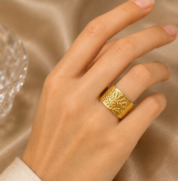 Textured Evil Eye Sunburst Wide Adjustable Ring | MPS & Co.