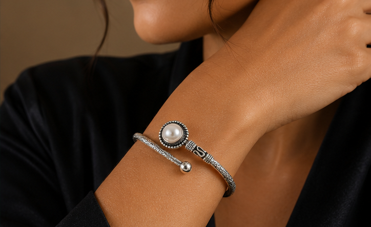 925 Silver Unisex Antique Pearl Open Cuff Bracelet | MPS & Co.