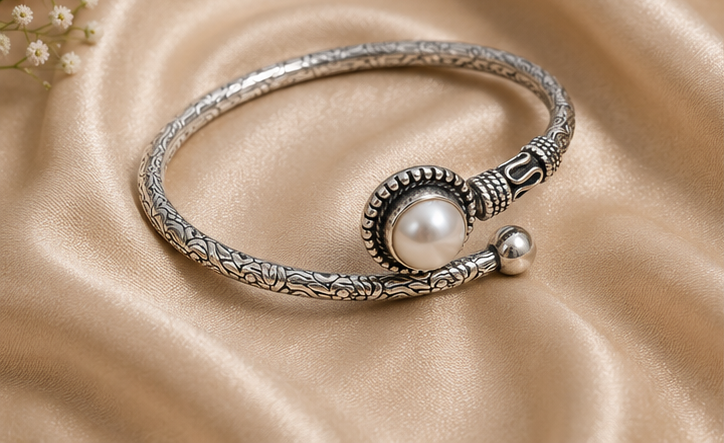 925 Silver Unisex Antique Pearl Open Cuff Bracelet | MPS & Co.
