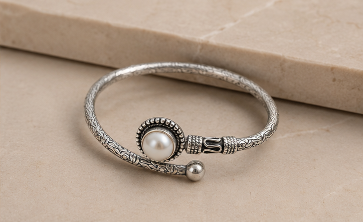 925 Silver Unisex Antique Pearl Open Cuff Bracelet | MPS & Co.