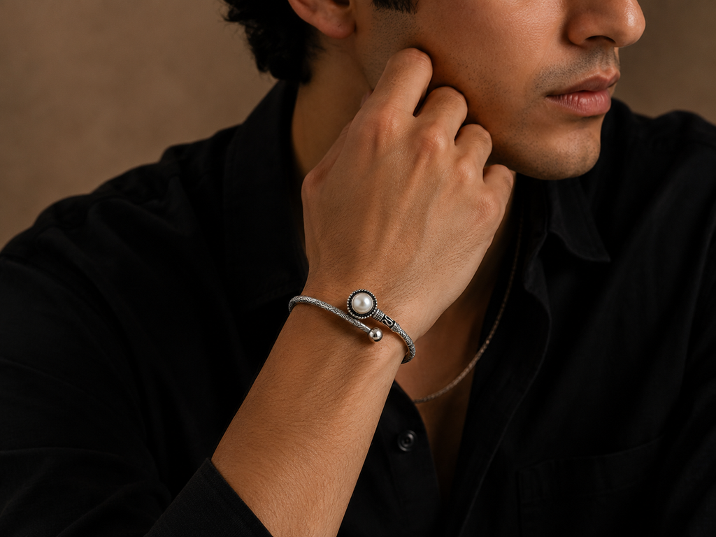 925 Silver Unisex Antique Pearl Open Cuff Bracelet | MPS & Co.