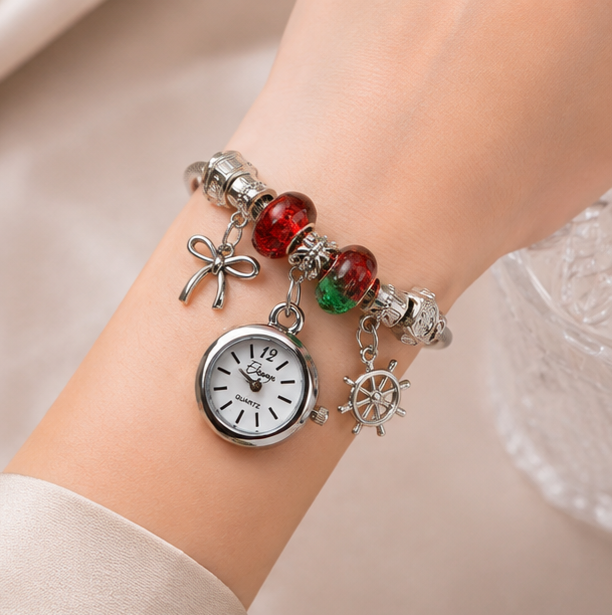 Silver Charm Bracelet Watch with Red and Green Beads | MPS & Co.