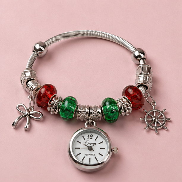 Silver Charm Bracelet Watch with Red and Green Beads | MPS & Co.
